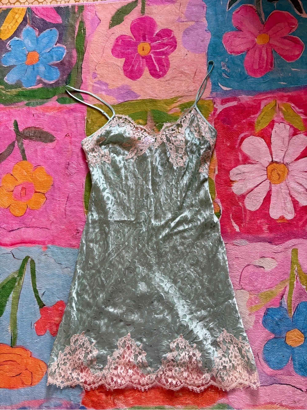 Lise Charmel Sage Green & Pink Calais Lace Burnout Slip Dress M